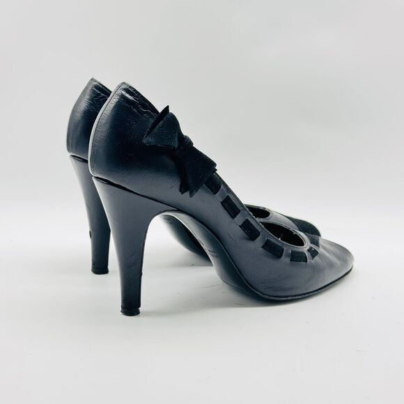 Marc Jacobs Shoes Womens 7.5 Black Velvet Patent Leather Heels Bow Peep Toe Pump - Picture 7 of 13